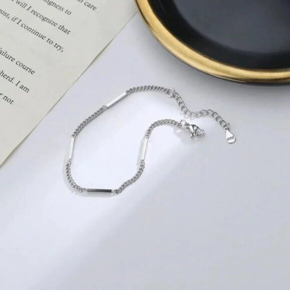925 Sterling Silver Dainty Bar Link Chain Bracelet Minimalist Bar Thin Bracelet - Picture 4 of 5